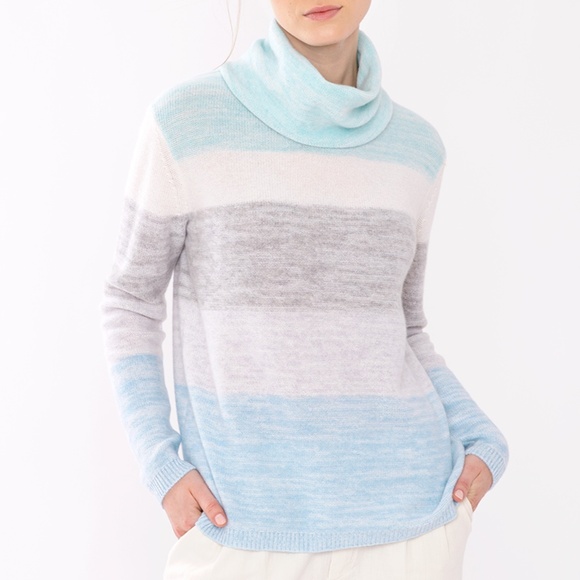 Kinross 4-ply Cashmere Ombré Cowl Neck Sweater in Reef Multi Blue Gray Turquoise - Picture 1 of 11